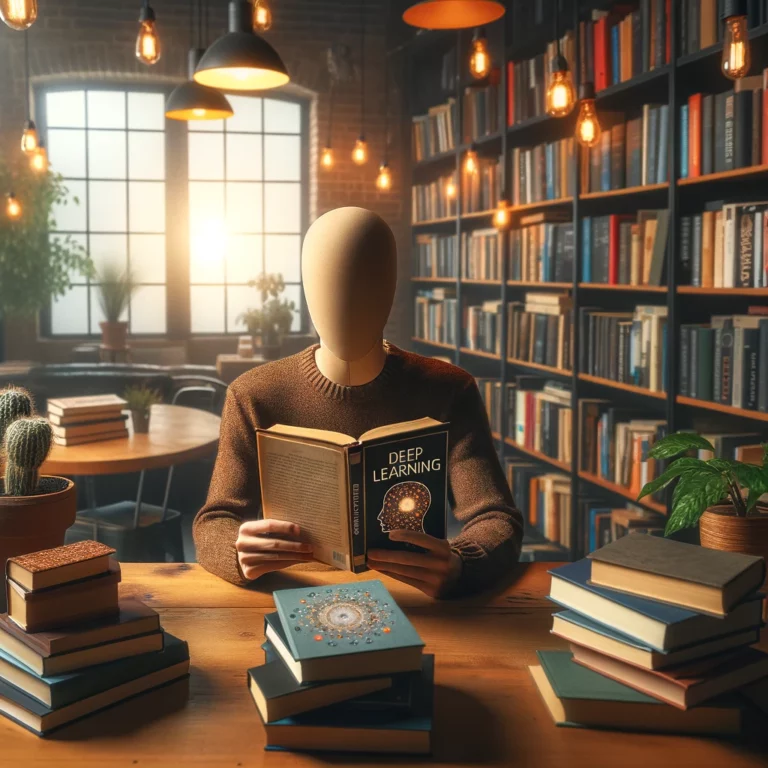 dall·e 2024 04 22 14.53.28 a cozy library setting with a person of ambiguous gender sitting at a wooden table, surrounded by books on machine learning and artificial intelligenc