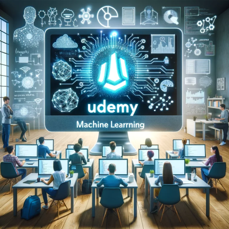 dall·e 2024 04 23 10.38.49 a conceptual image representing an article about udemy machine learning courses. the image features a large, bright computer screen displaying the ude