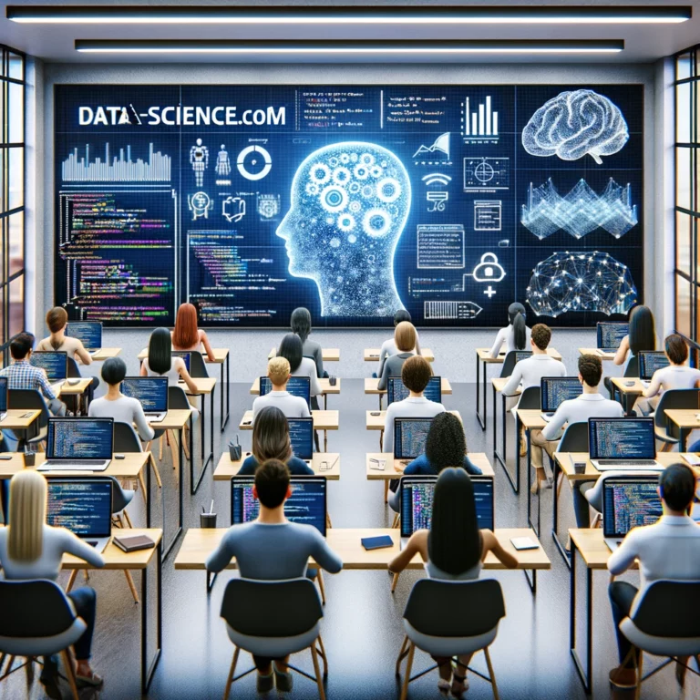 dall·e 2024 04 23 10.51.56 a conceptual image for an article about datascience.com machine learning courses. the image features a modern, high tech classroom environment with a