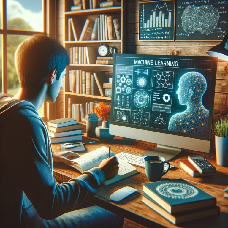 dall·e 2024 04 23 12.24.07 a conceptual image depicting a person studying an online machine learning course offered by edx. the setting is a cozy home office with a large monito