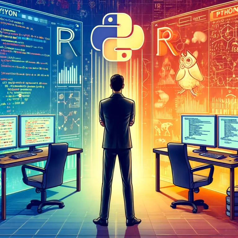 dall·e 2024 04 23 12.26.32 a digital artwork illustrating the choice between r and python programming languages for a machine learning engineer. the image features a split scene