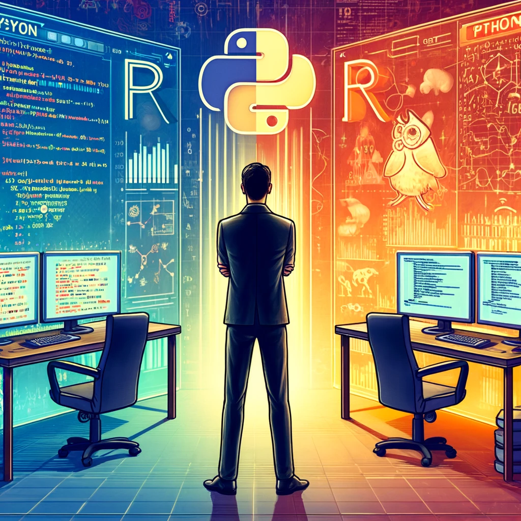 dall·e 2024 04 23 12.26.32 a digital artwork illustrating the choice between r and python programming languages for a machine learning engineer. the image features a split scene