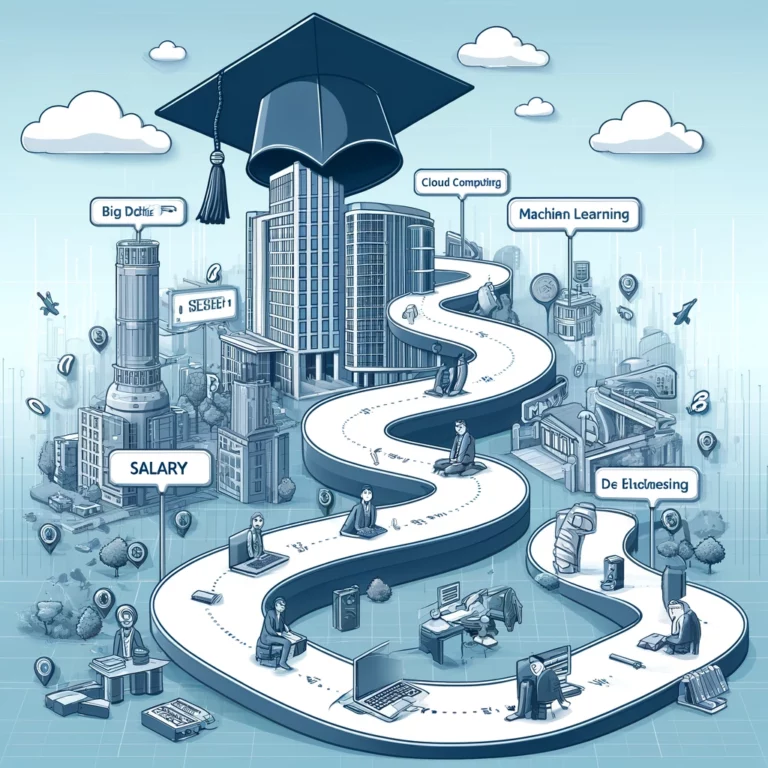 dall·e 2024 04 23 12.27.57 a detailed illustration representing the career path and salary expectations of a data engineer. the image features a large roadmap unfurling from a u