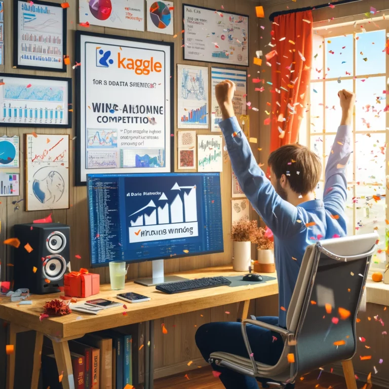 dall·e 2024 04 23 12.33.16 an inspirational image depicting a person winning a data science competition on kaggle. the scene shows a young data scientist, male or female, celebr
